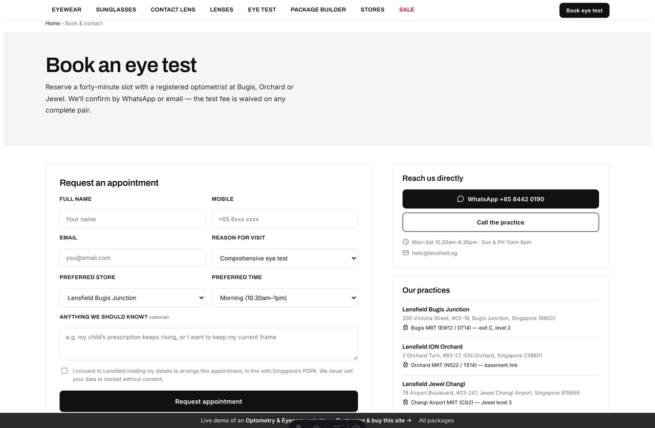 Booking & contact page on the Lensfield demo — a PDPA-aware eye-test request form with store, reason and time selection, no cart