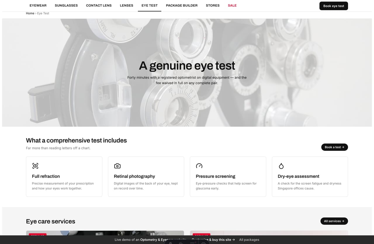 Eye-care page on the Lensfield demo — what a comprehensive eye test includes plus a children’s myopia-control focus band