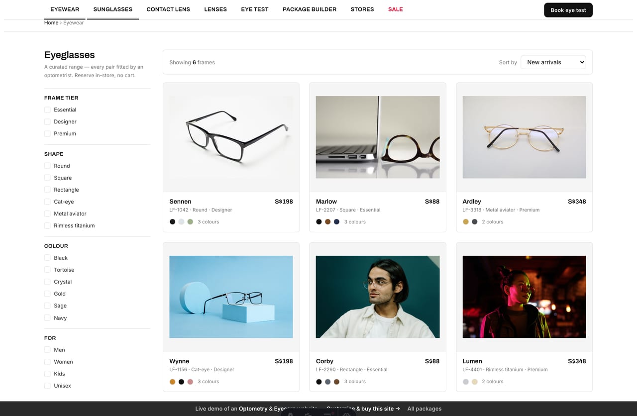 Eyewear listing page on the Lensfield demo — a retail product grid with a filter rail, sort row and frame cards, reserve-in-store not add-to-cart