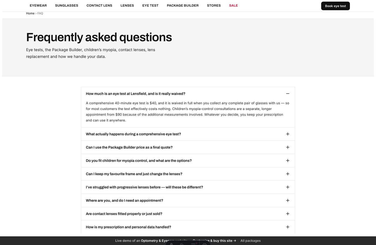 FAQ page on the Lensfield demo — an accordion of common questions about eye tests, myopia, contact lenses and lens replacement