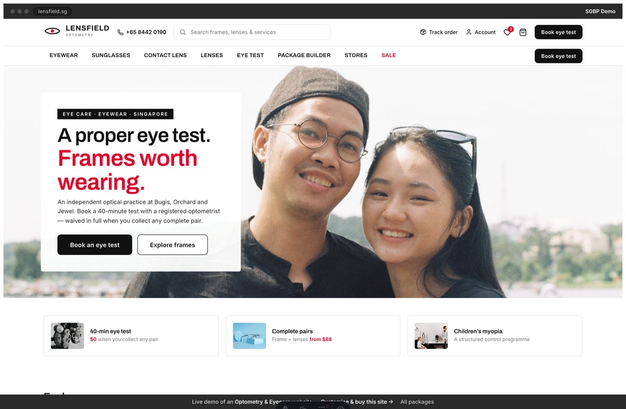Lensfield optometry Singapore website homepage demo — a retail promo hero, category nav and image category-card grids for eyewear and contact lenses