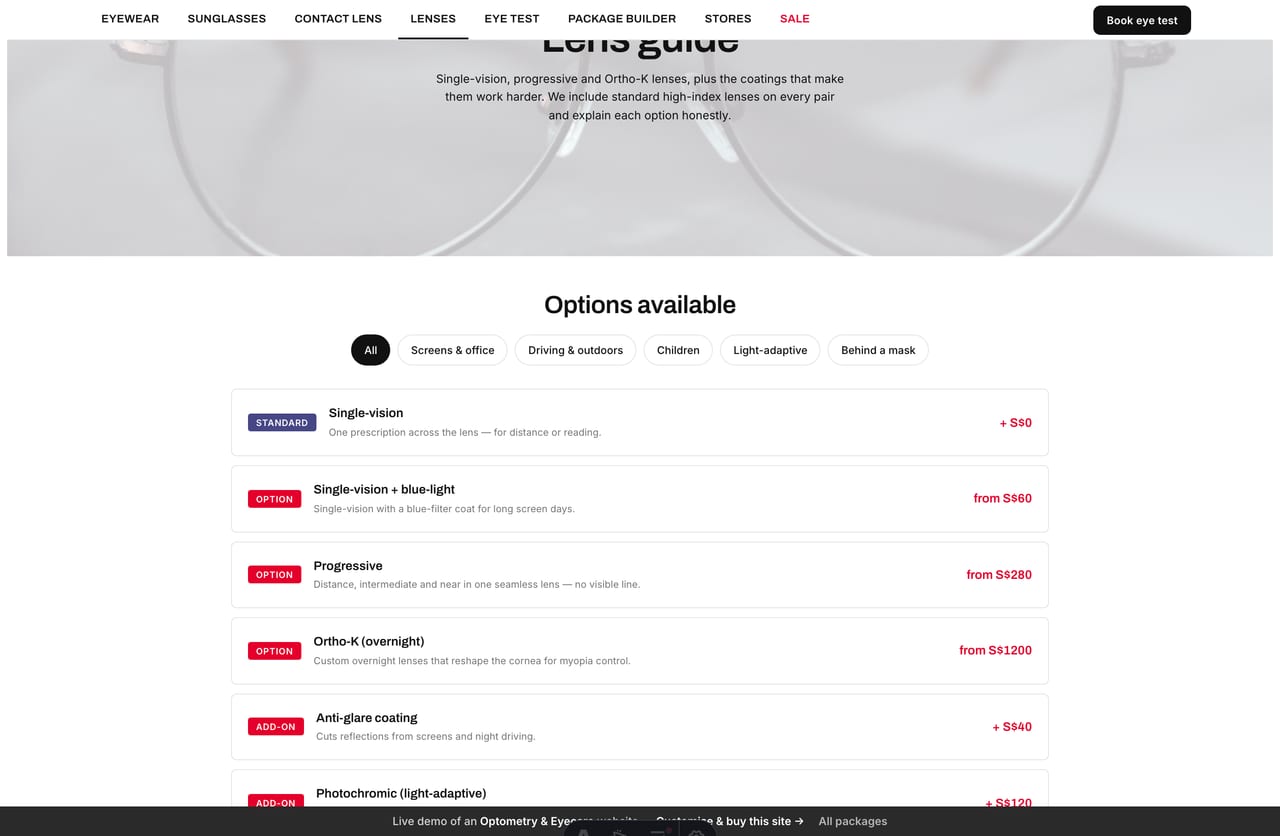 Lens guide detail page on the Lensfield demo — a sub-tab bar, options-available filter chips and red-badge lens option rows