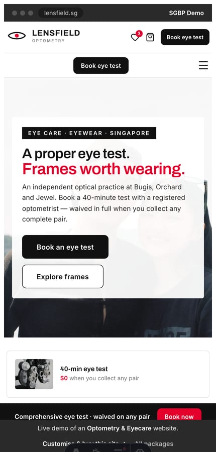 The Lensfield optometry website on mobile — a retail promo hero and a sticky book-eye-test bar at 430px