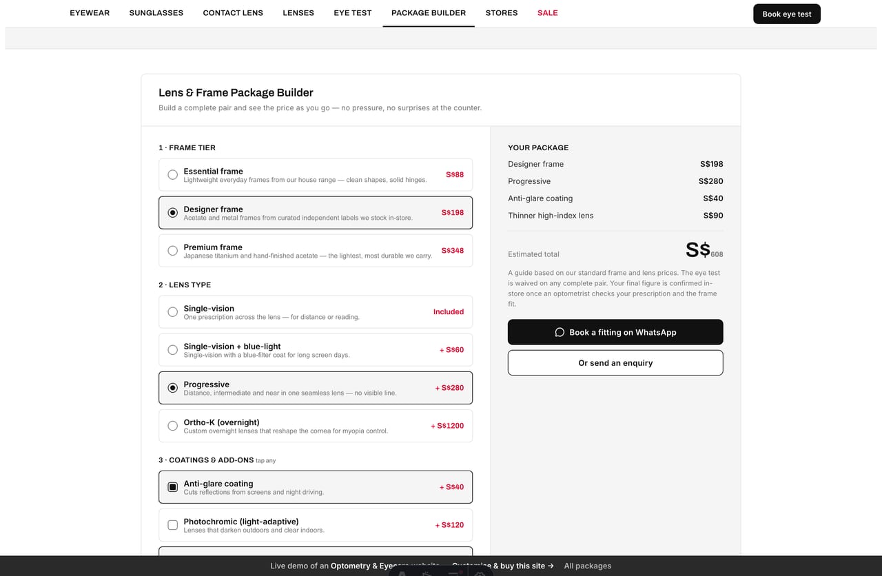 Lens & Frame Package Builder result on a Singapore optometry site — an itemised package and a live SGD total with a book-a-fitting CTA