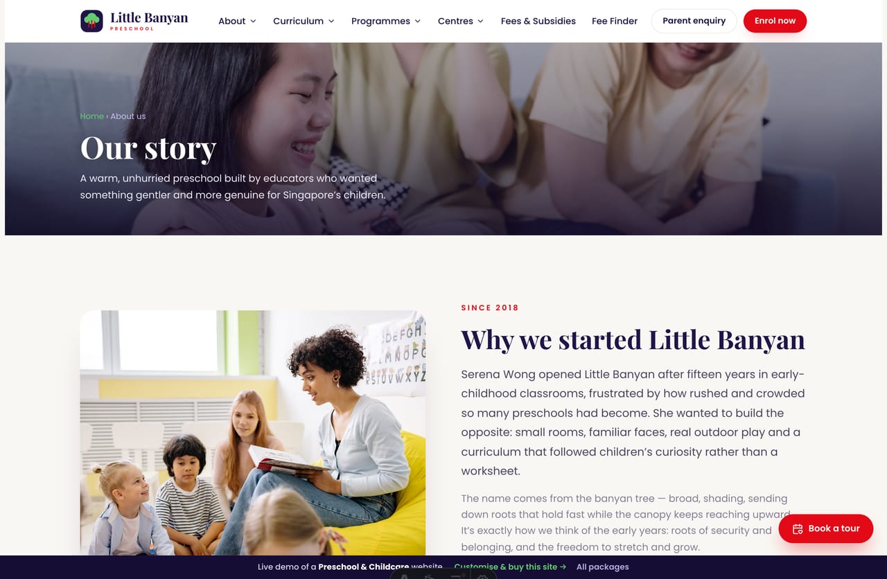 The About page for a Singapore preschool — founder story, a purple stats band and the educators section