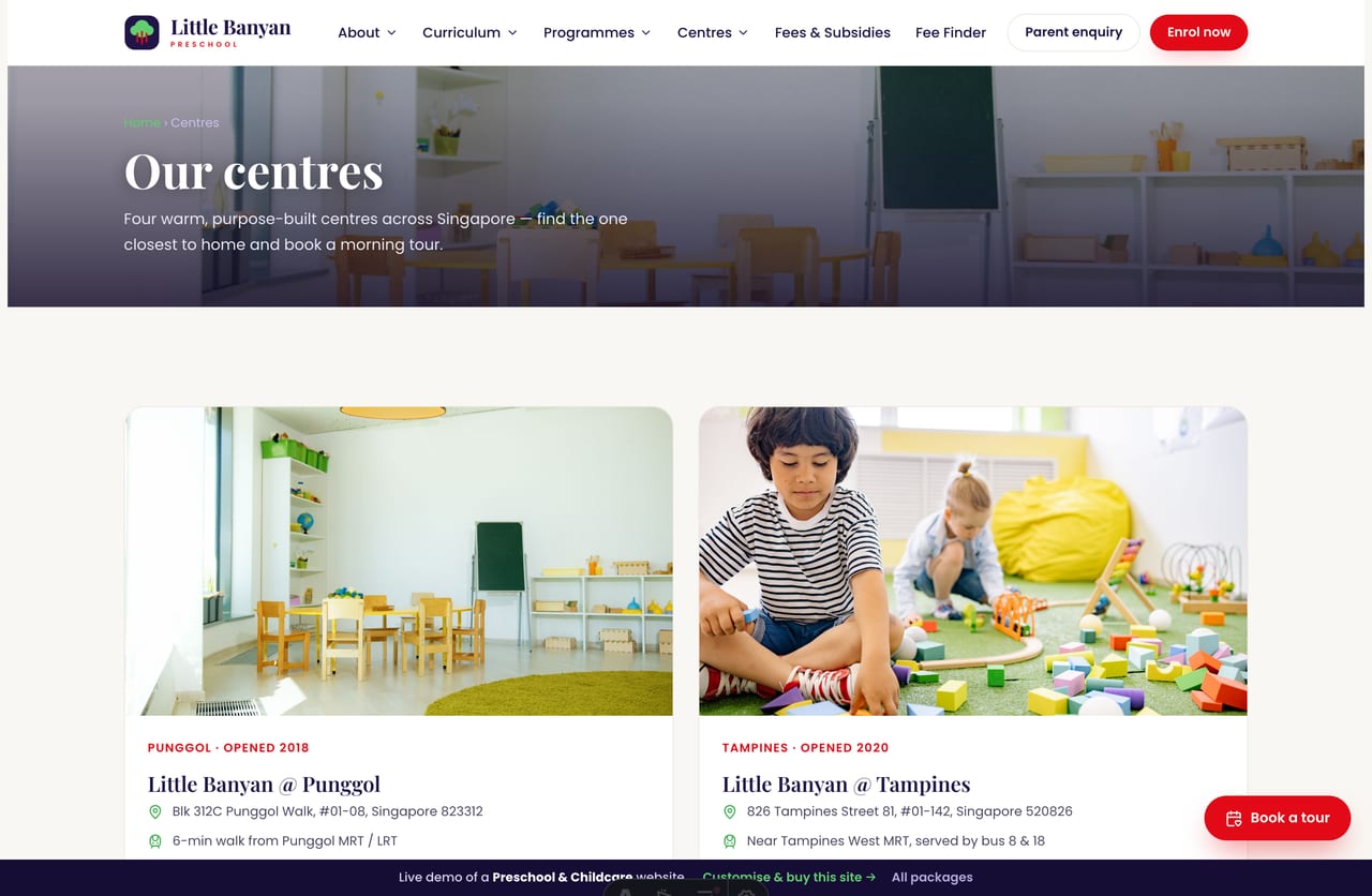 Centres page on the Little Banyan demo — preschool locations across Punggol, Tampines, Bukit Panjang and Yishun with photos and MRT details