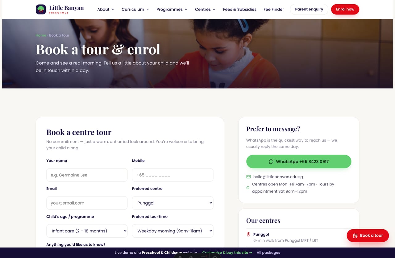 Book-a-tour page on the Little Banyan demo — a PDPA-aware tour-booking form with centre, age group and time