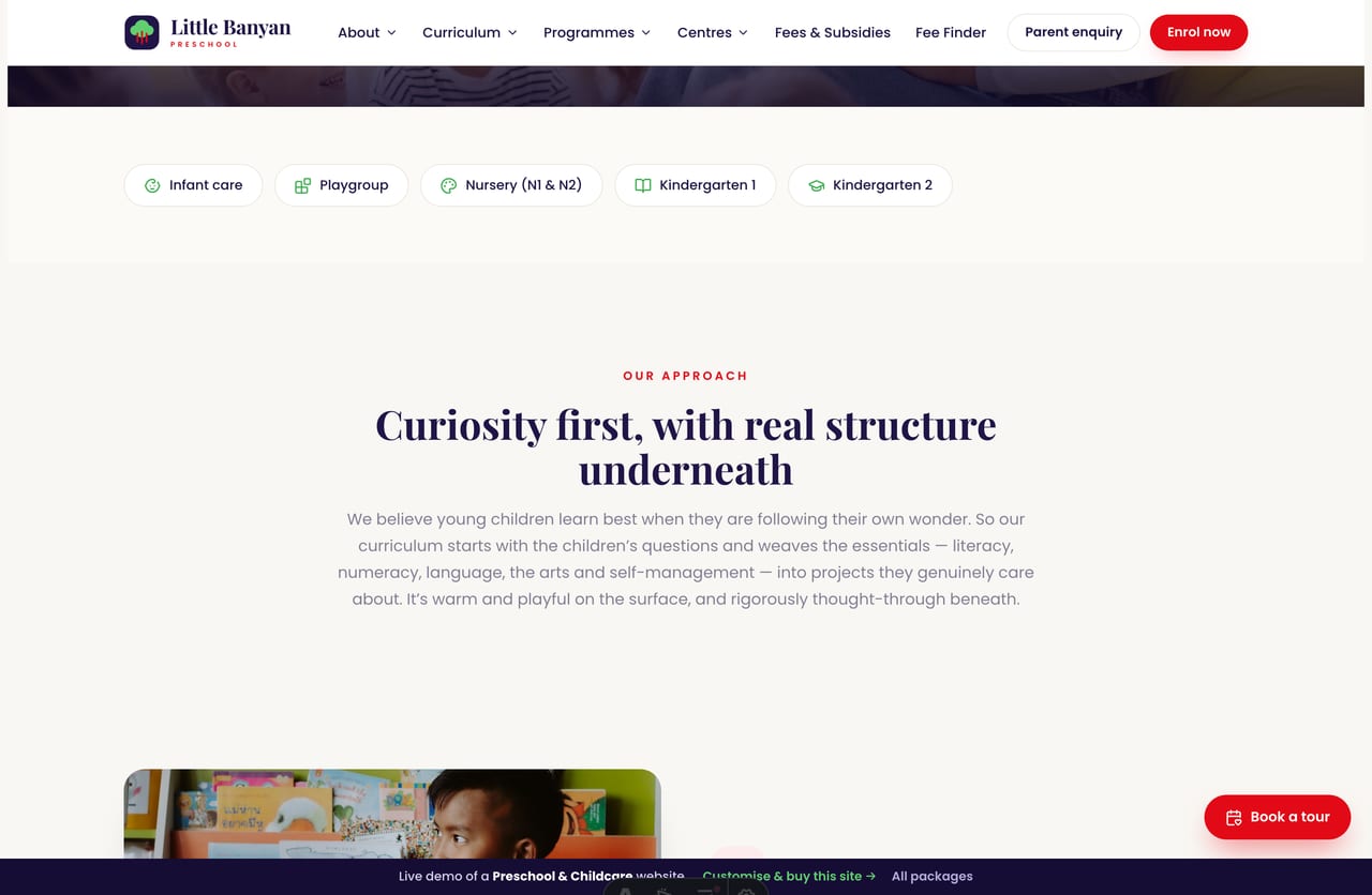 The curriculum page on the Little Banyan demo — inquiry-led, bilingual learning strands in alternating image-and-text bands