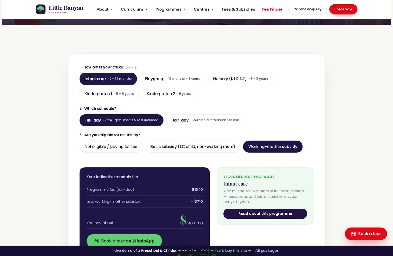 Programme & Fee Finder result on a Singapore preschool site — recommended programme and the monthly fee before and after subsidy, with a book-a-tour CTA