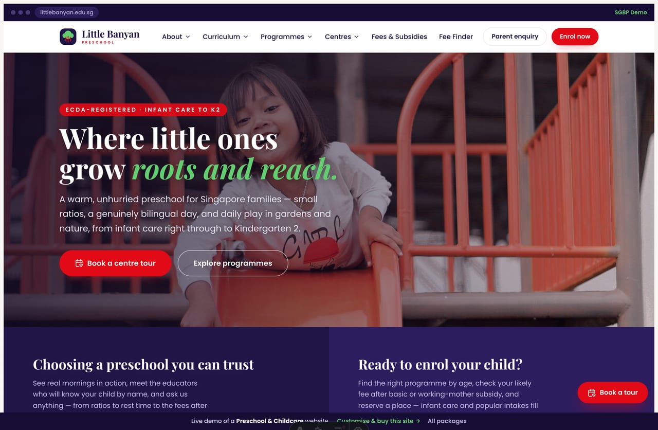 Little Banyan preschool Singapore website homepage demo — a deep-purple and green site with a full-bleed photo hero, parent panels and programmes by age