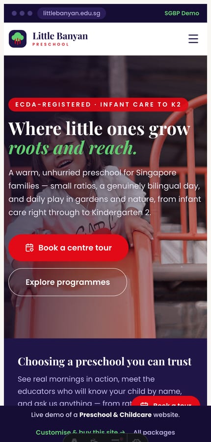 The Little Banyan preschool website on mobile — the photo hero and book-a-tour CTA at 430px