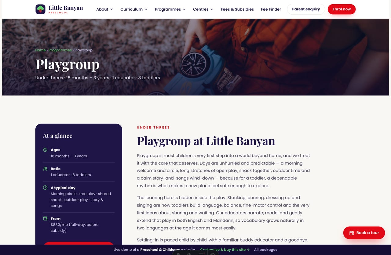 A programme detail page on the Little Banyan demo — a photo banner and a sticky at-a-glance info aside beside the article