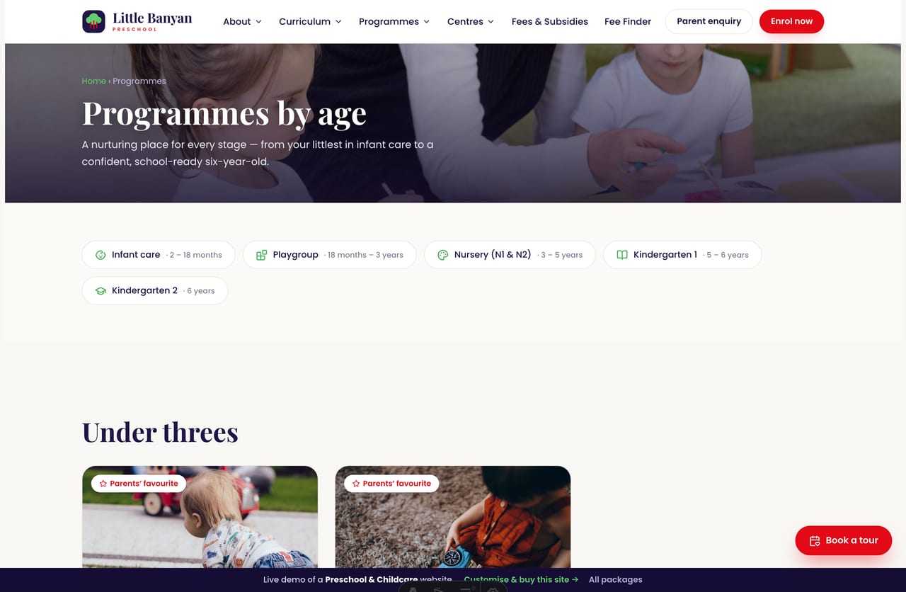 Programmes page on the Little Banyan demo — infant care, playgroup, nursery, K1 and K2 as photo cards grouped by age