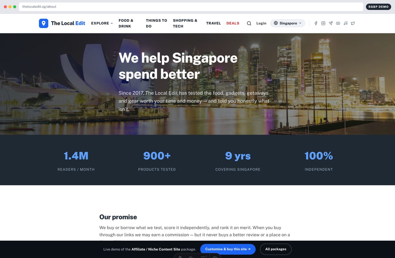 About / editorial team page on the Singapore affiliate content website