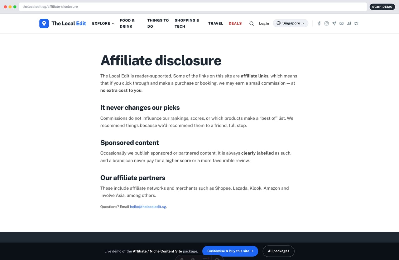 Affiliate disclosure and PDPA-aware policy page on the content site demo