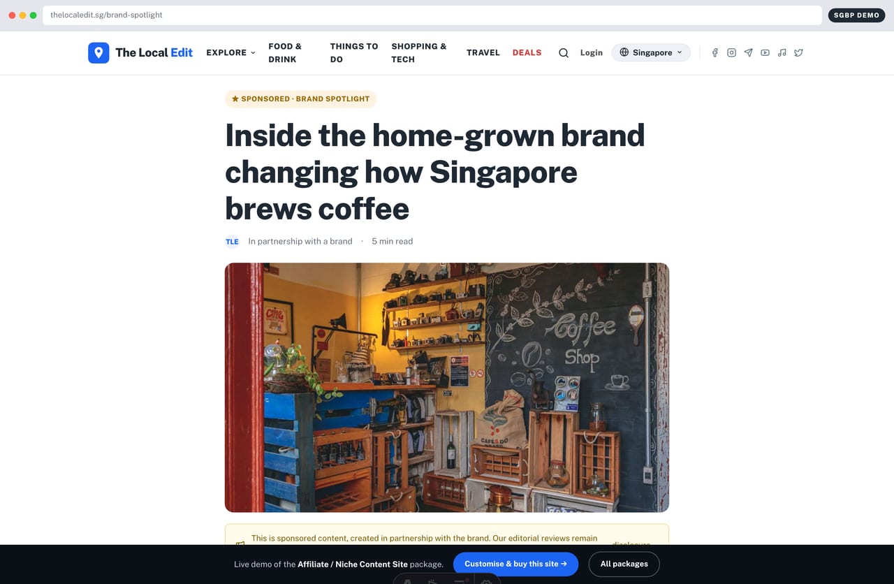 Sponsored brand-spotlight article clearly labelled on a Singapore content site