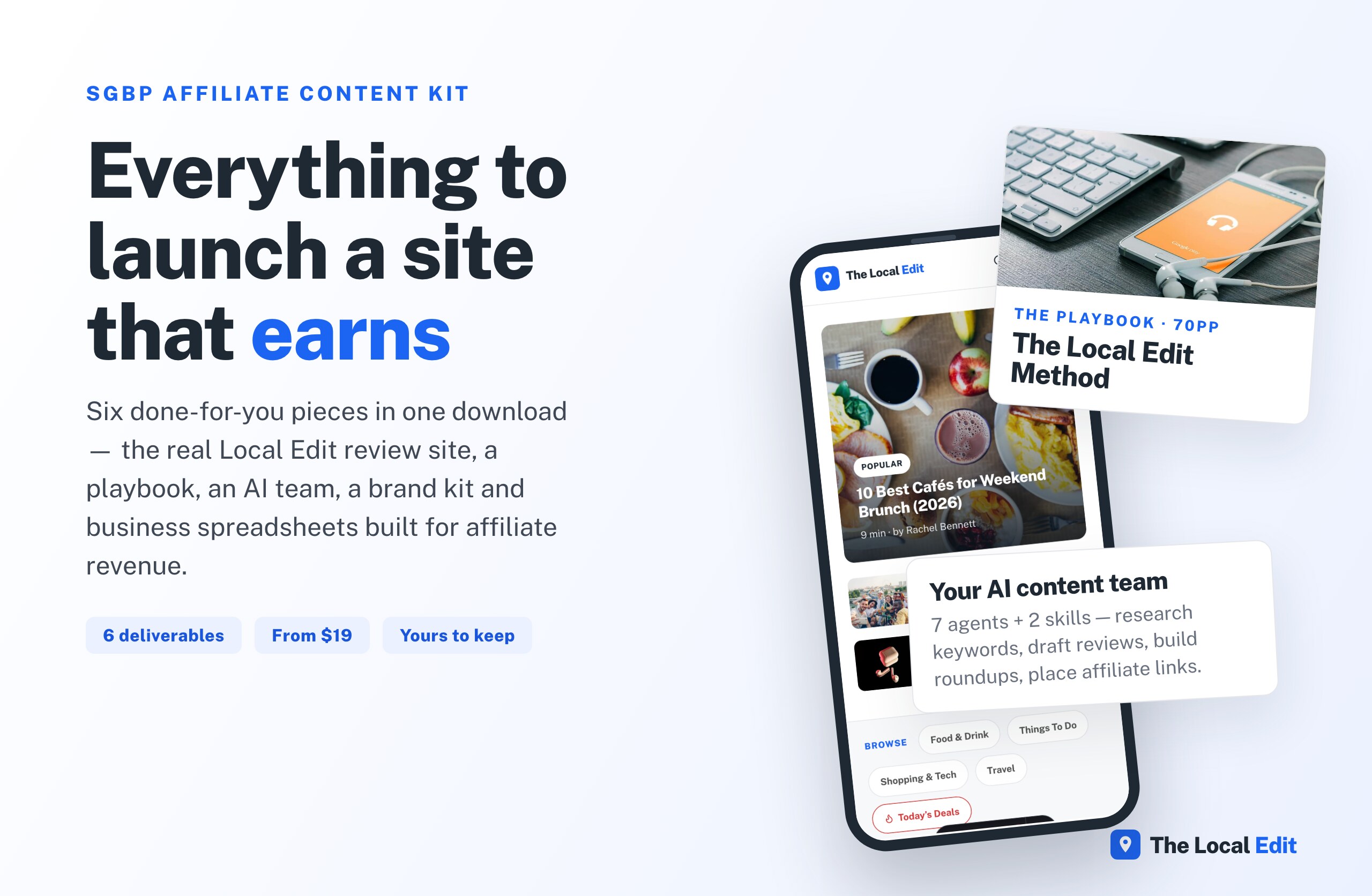 Everything in the Local Edit Method affiliate content launch kit — book, content site, AI agents, brand kit, templates and email course