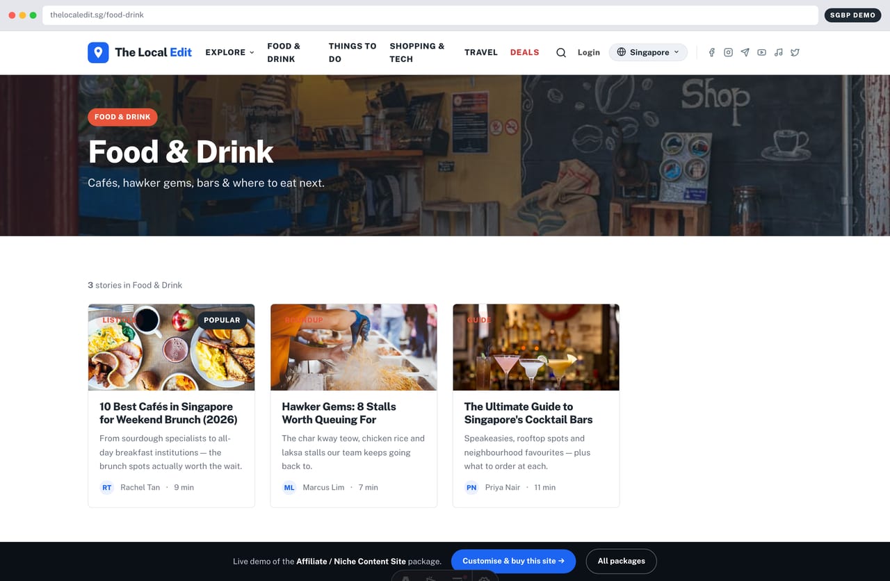 Food & Drink category hub page on a Singapore lifestyle content website