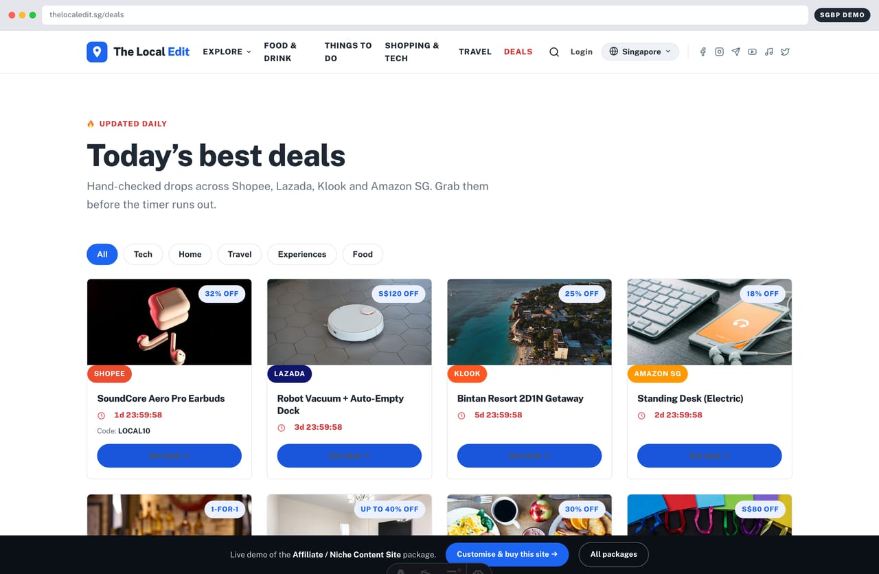 Filterable affiliate deals feed with Shopee, Lazada and Klook badges and countdowns