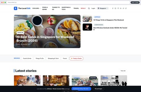 The Local Edit affiliate content website homepage demo — featured story hero, category nav and latest articles (Singapore)