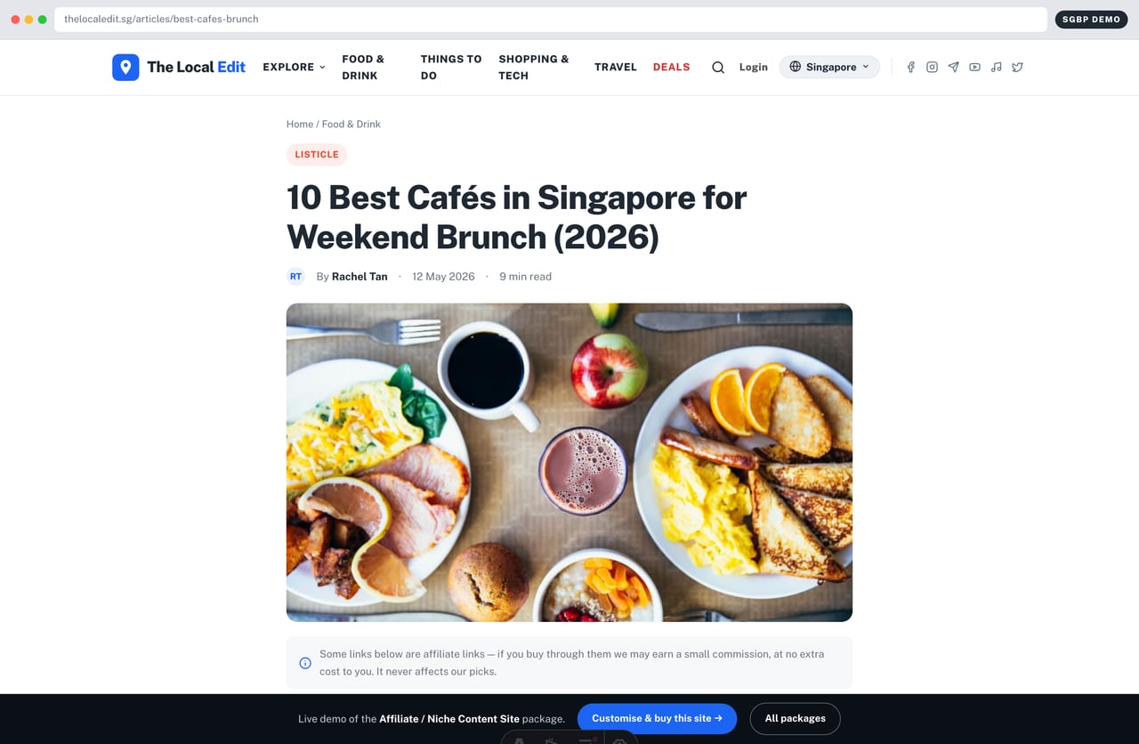 Best cafés listicle article with ranked picks and affiliate links on the demo