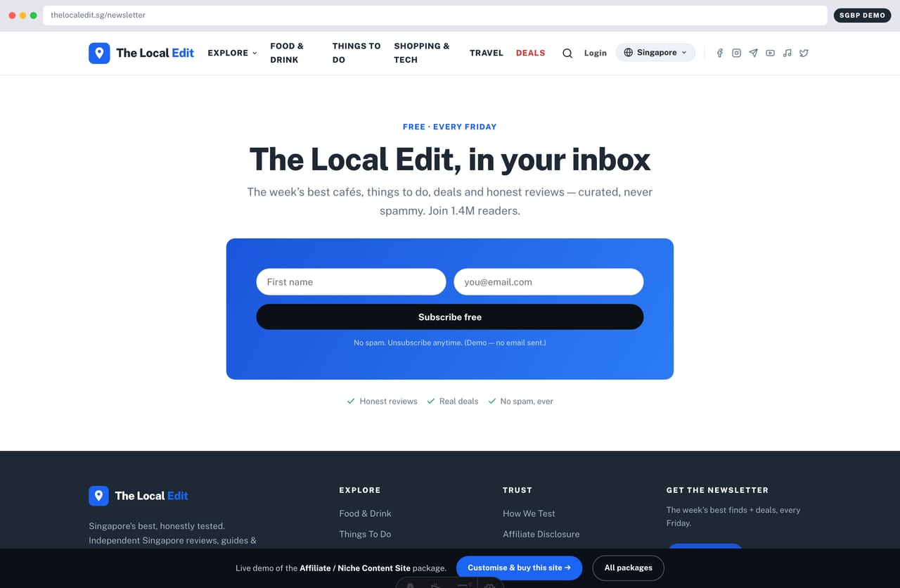 Newsletter and lead-capture page on The Local Edit content website demo