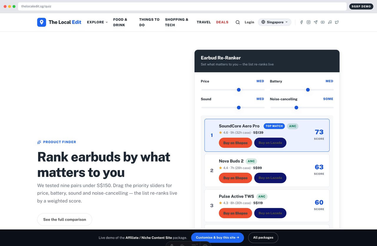 Interactive product-finder quiz that re-ranks earbuds by reader priorities