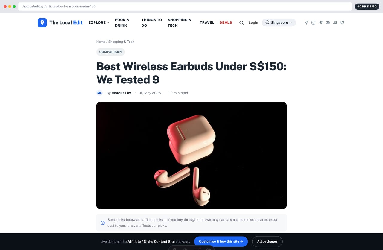 Wireless earbuds review with a sortable comparison table on a Singapore tech content site