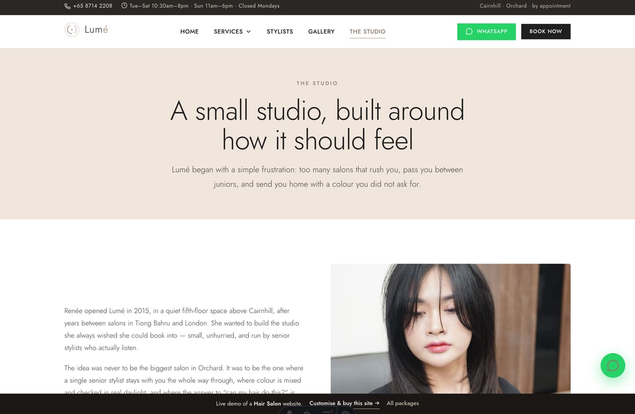 The Studio / story page for a Singapore hair salon — founder portrait, the studio story and the values it stands by