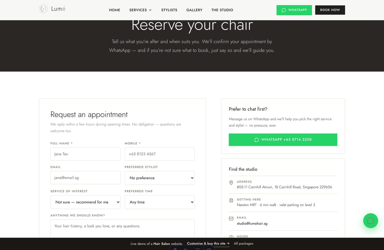 Booking & contact page on the Lumé demo — a PDPA-aware appointment form with service & stylist selection, no cart