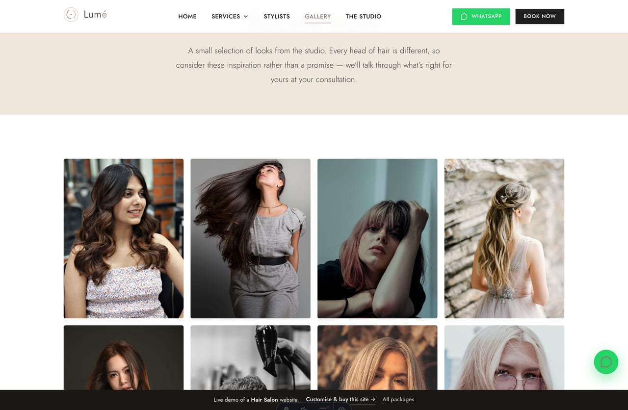 Recent-work gallery on the Lumé demo — an editorial look-book of colour, cuts and bridal styling