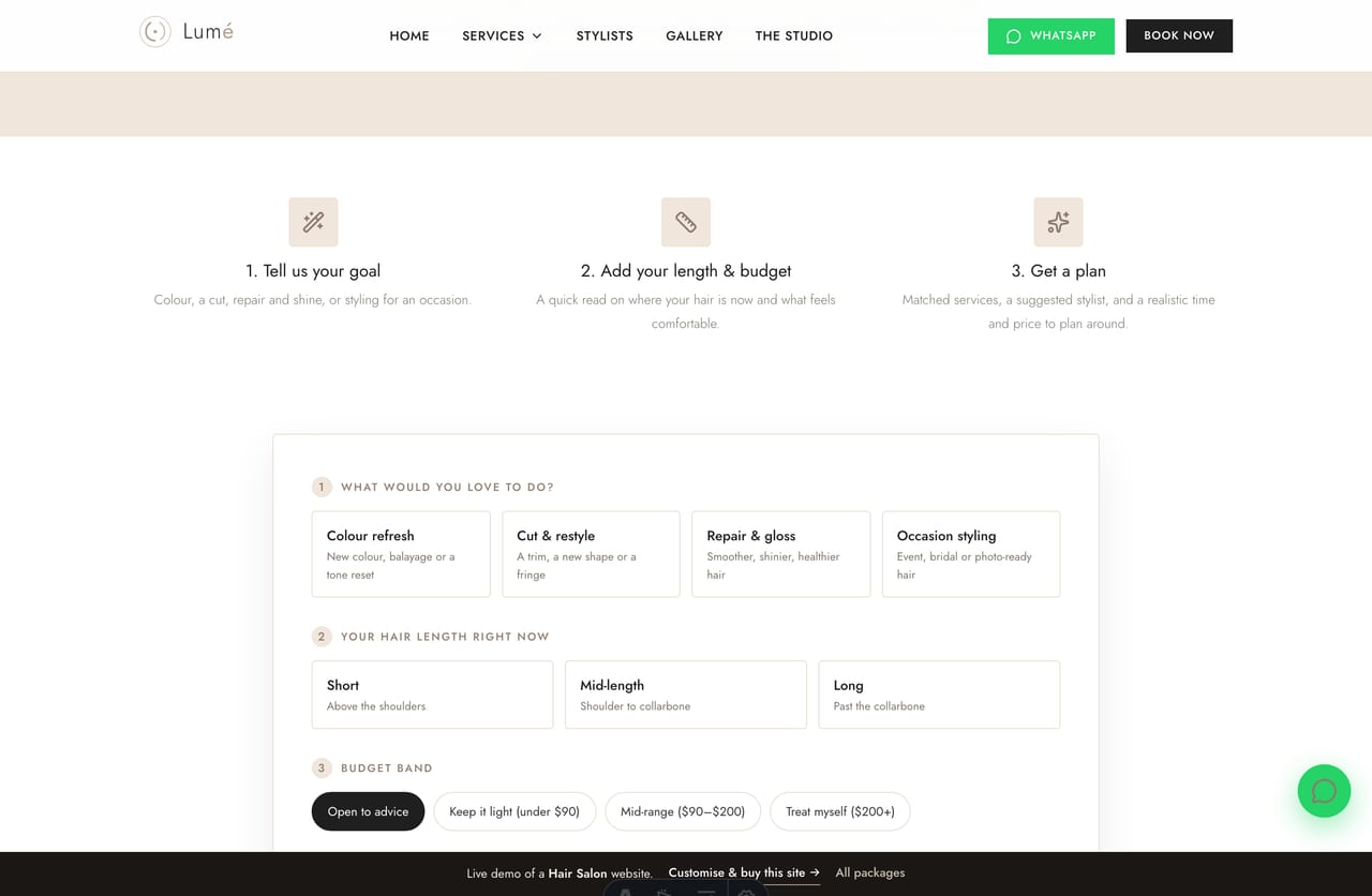 The interactive Hair Goal Planner tool on the Lumé demo — pick a goal, hair length and budget for matched services