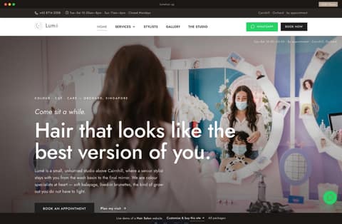 Lumé premium Singapore hair salon website homepage demo — warm editorial hero, studio spaces and a service menu