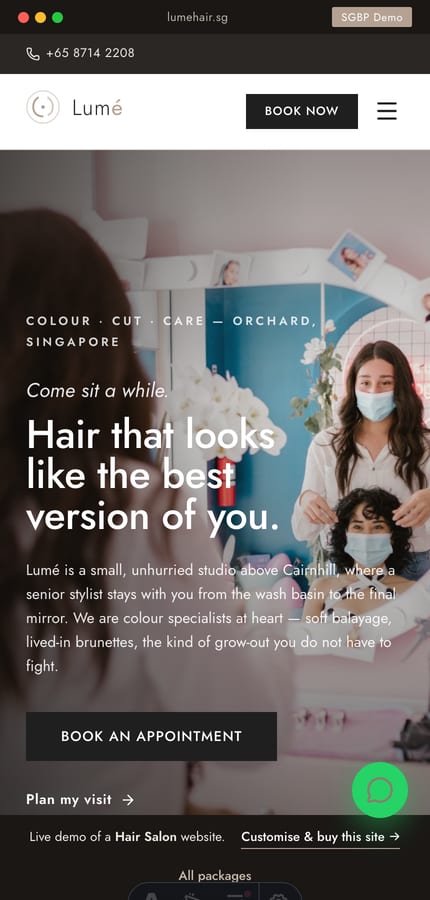The Lumé hair-salon website on mobile — warm editorial hero and a sticky Book now CTA at 430px