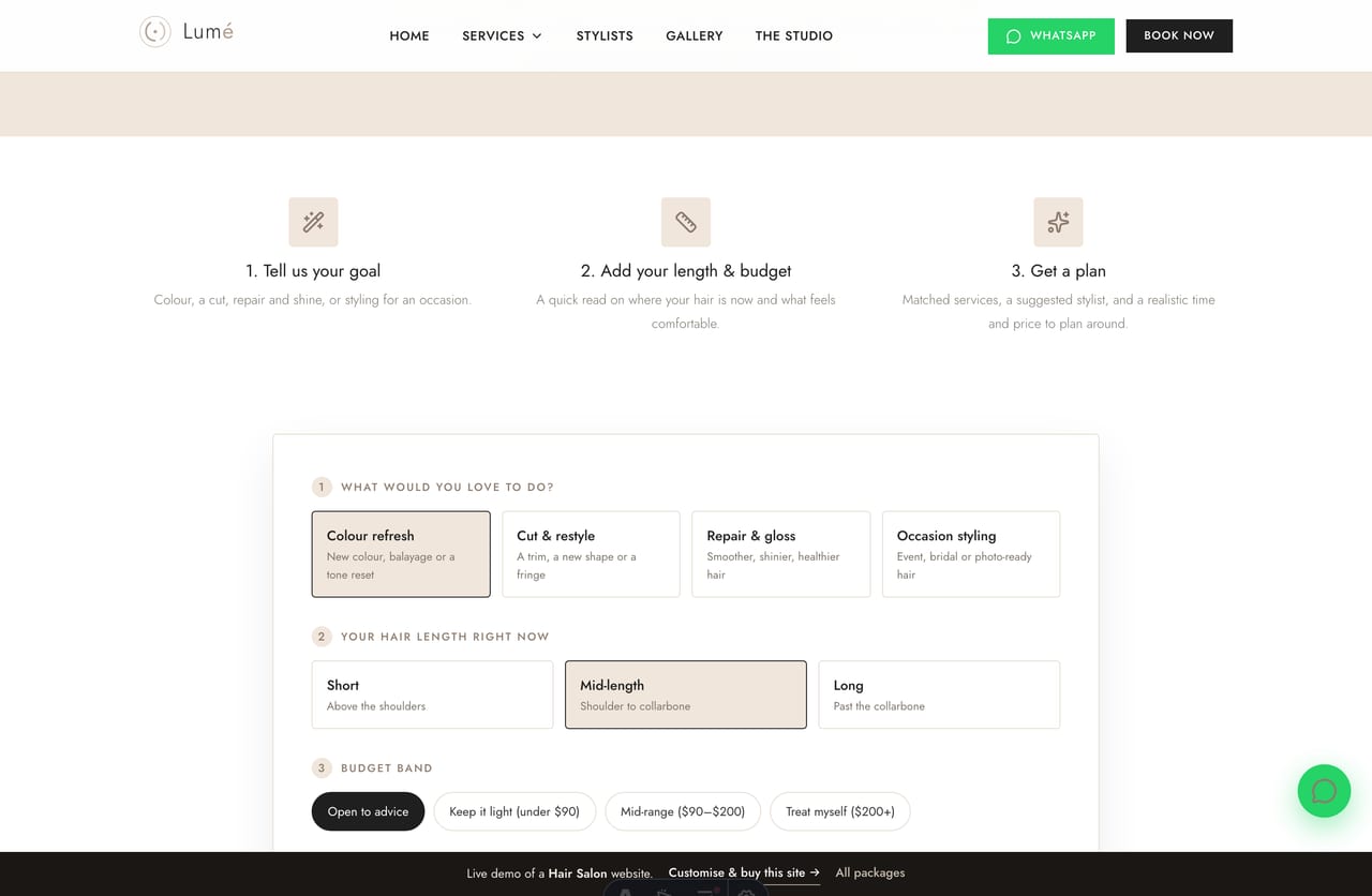 Hair Goal Planner results on a Singapore salon site — matched services, a suggested stylist, chair-time and a price range