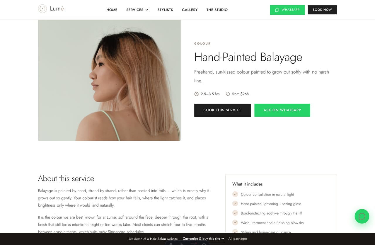 A service detail page on the Lumé demo — hero image, chair-time, from-price, what it includes and a book CTA