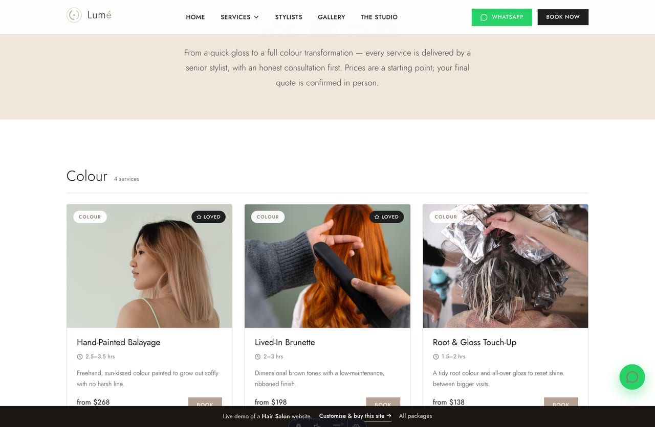 Services menu page on the Lumé demo — balayage, lived-in colour, cuts, treatments and bridal hair grouped by category