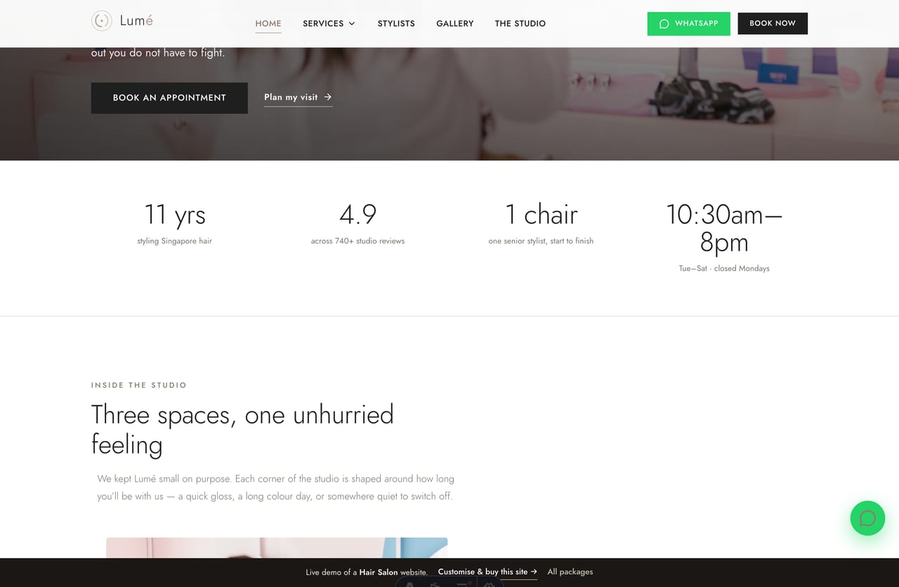 Studio-spaces band on the Lumé homepage — three editorial salon spaces shown as warm-neutral cards