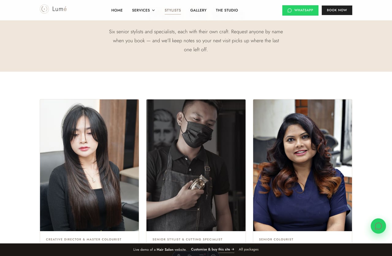 Stylists page on the Lumé demo — senior colourists, cutting specialists and a bridal lead with bios and specialties