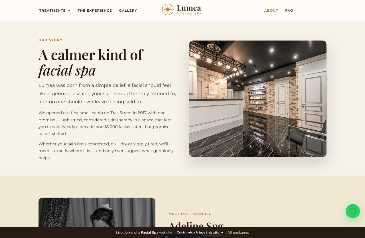 The About / story page for a Singapore facial spa — founder portrait, the spa story and the values it stands by