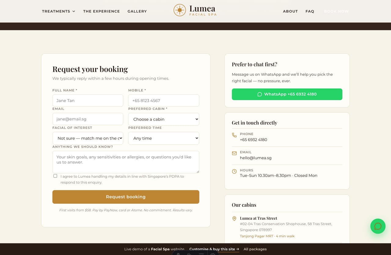 Booking & contact page on the Lumea demo — a PDPA-aware appointment form with facial & cabin selection, no cart