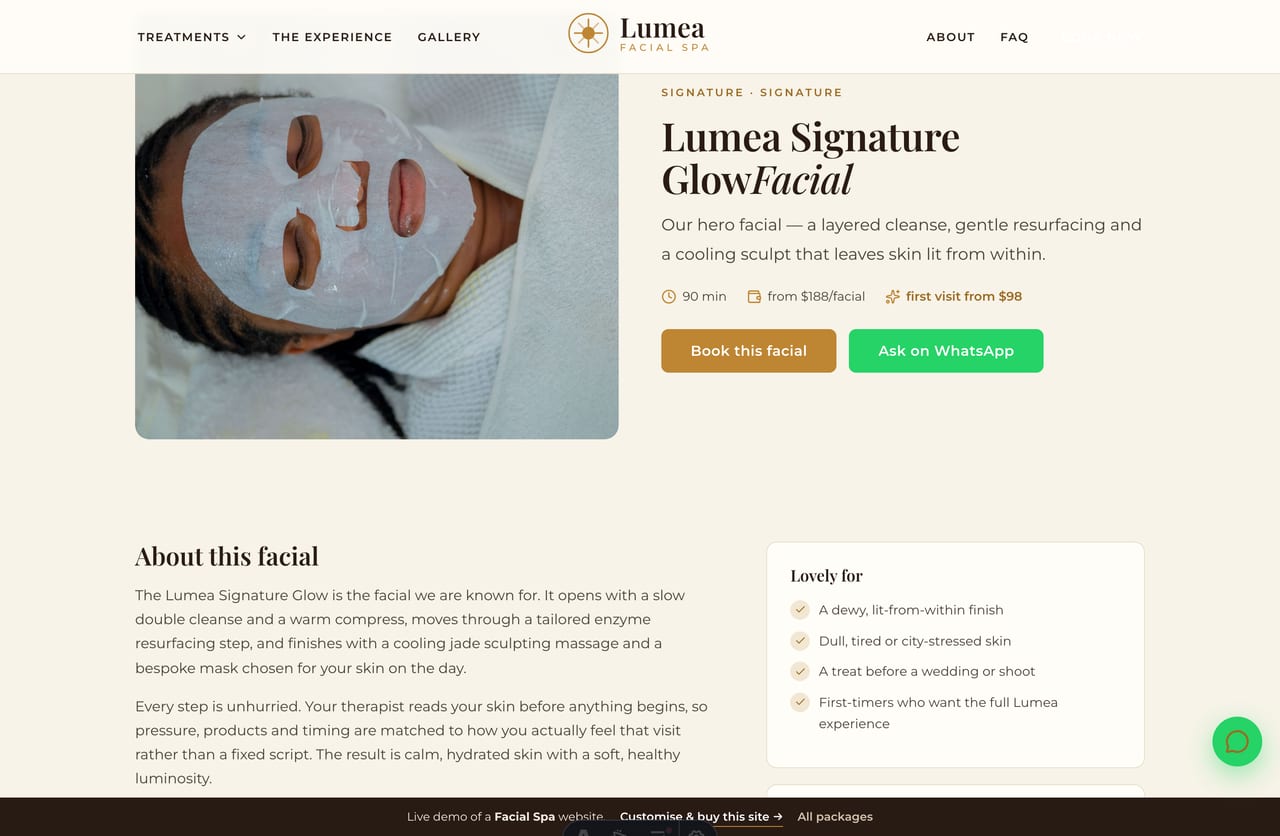 A facial detail page on the Lumea demo — hero image, duration, from-price, what it includes, add-ons and a book CTA