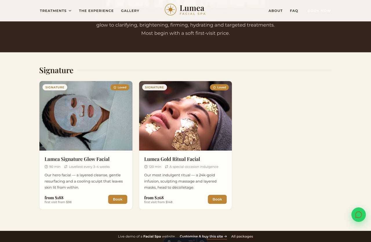 Facials menu page on the Lumea demo — signature, clarifying, brightening, anti-ageing, hydrating and targeted treatments grouped by category