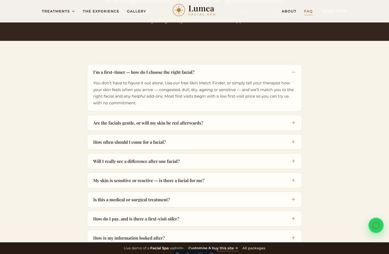 FAQ page on the Lumea demo — an accordion of common questions about facials, gentleness, sensitive skin and first-visit prices