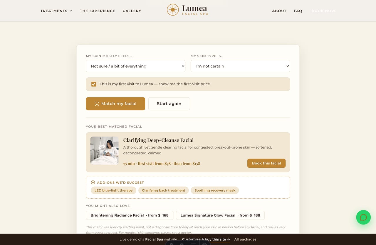 Skin Match Finder results on a Singapore facial spa site — a best-matched facial, suggested add-ons and a first-visit price
