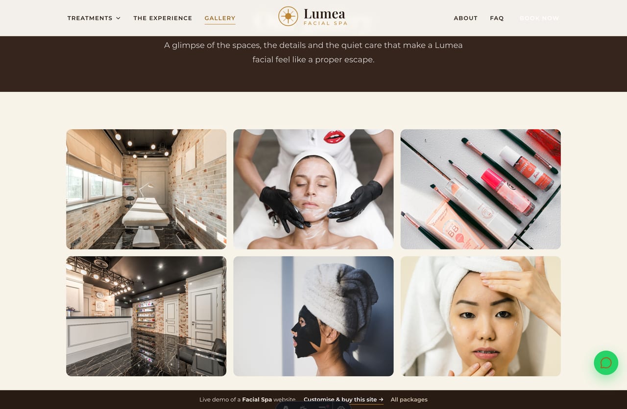 Gallery page on the Lumea demo — an editorial look at the cream-and-gold cabins and treatment moments
