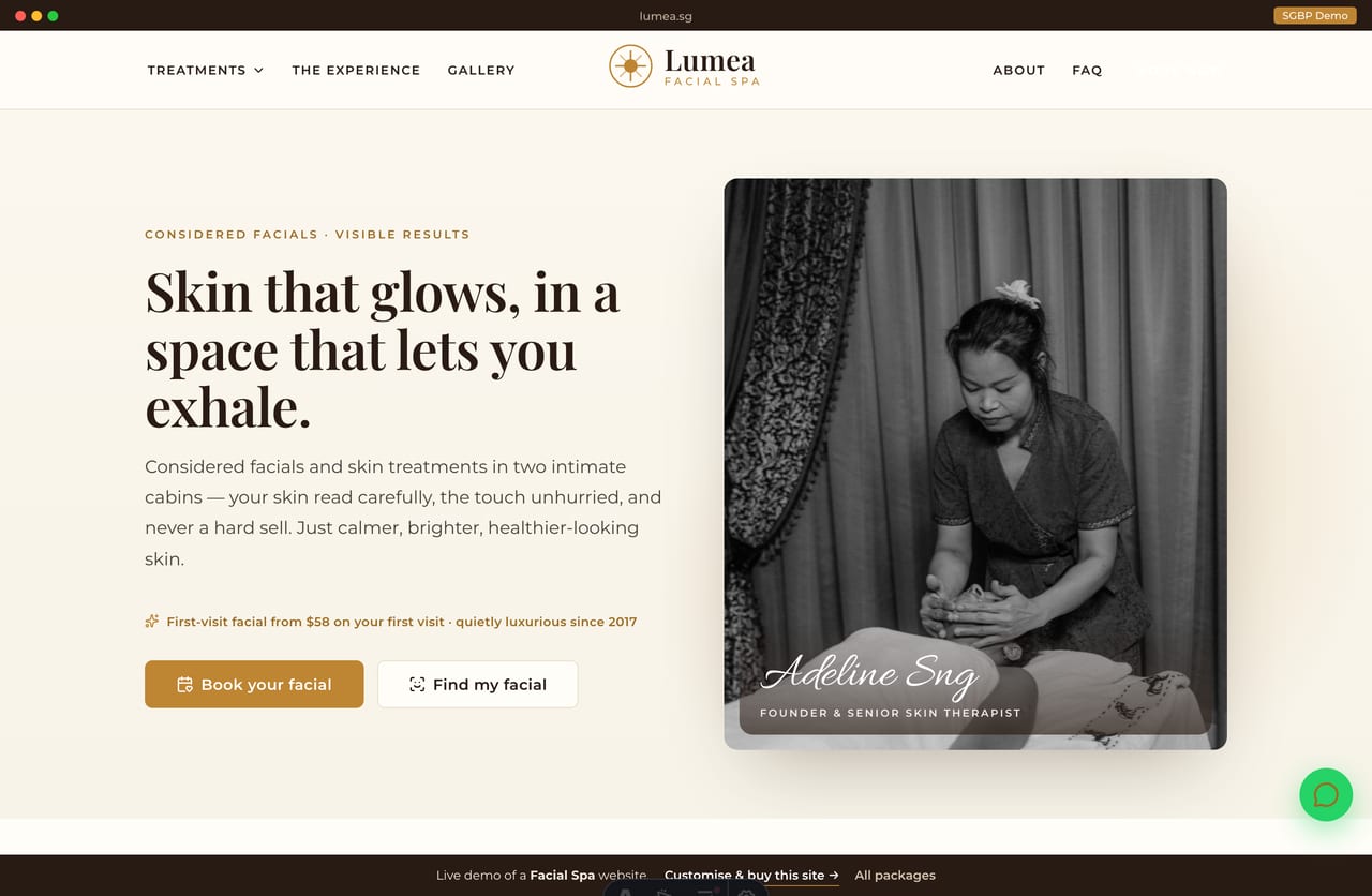 Lumea facial spa Singapore website homepage demo — cream-and-gold editorial hero, a signature facial feature and a facial menu
