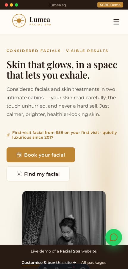 The Lumea facial-spa website on mobile — cream-and-gold editorial hero and a sticky Book now CTA at 430px