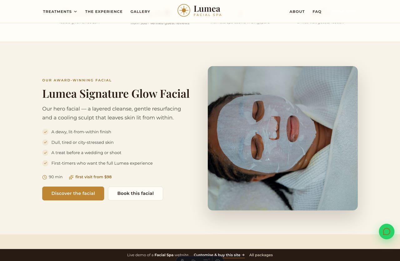 Signature-facial feature band on the Lumea homepage — the hero facial shown with its benefits and a first-visit price