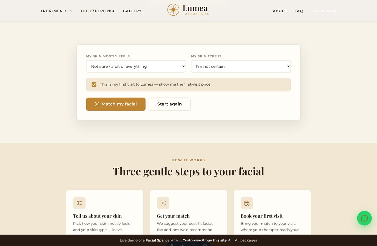 The interactive Skin Match Finder tool on the Lumea demo — pick a skin concern, skin type and first-visit toggle for a matched facial